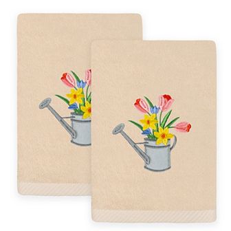 Linum Home Textiles Spring Watering Can Embroidered Turkish Cotton Set of 2 Hand Towels