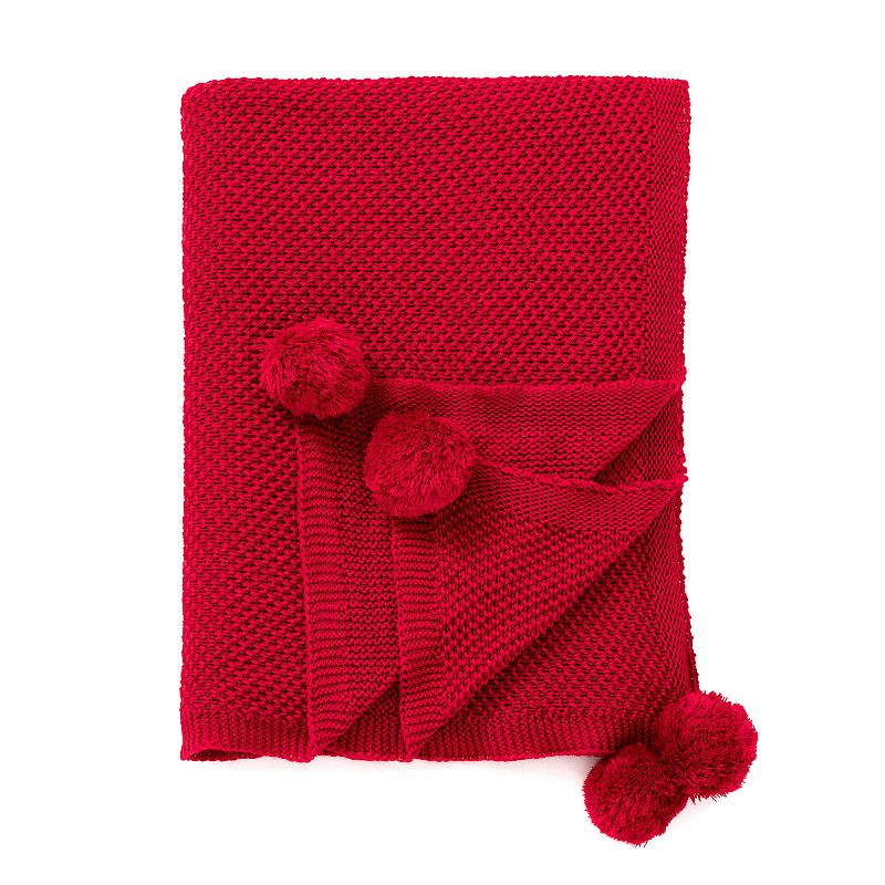 72422375 Martha Stewart Pom Pom Throw Blanket, Red, 50X70 sku 72422375