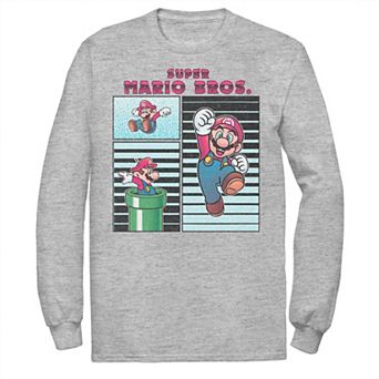 Men's Super Mario Panels Mario Jumping Warp Pipe Stripes Long Sleeve Tee