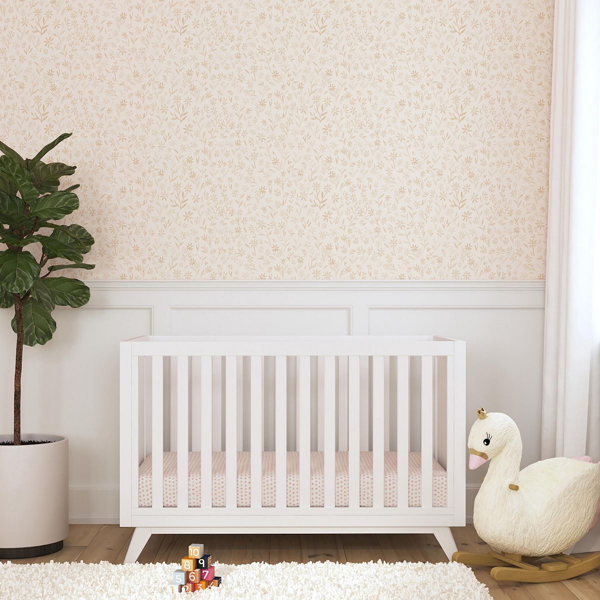 White DaVinci Otto 3-in-1 convertible crib in nursery corner