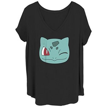 Juniors' Plus Pokemon Bulbasaur Winking Face V-Neck Tee