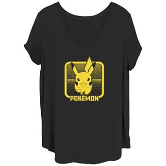 Juniors' Plus Pokemon Retro Digital Pikachu V-Neck Tee
