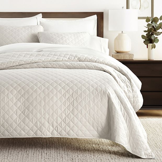 BQC 3-Piece Quilted Bedspread Set - Lightweight Diamond Pattern Comforter With Pillow Shams, All-Season (Beige, Double)