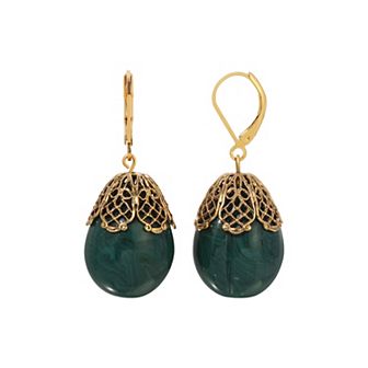 1928 Gold Tone Filigree Capped Oval Bead Drop Earrings