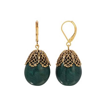 1928 Gold Tone Filigree Capped Oval Bead Drop Earrings