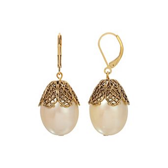 1928 Gold Tone Filigree Capped Oval Bead Drop Earrings
