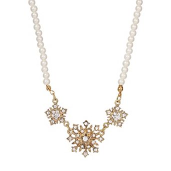 1928 Gold Tone Simulated Pearl & Crystal Starburst Necklace
