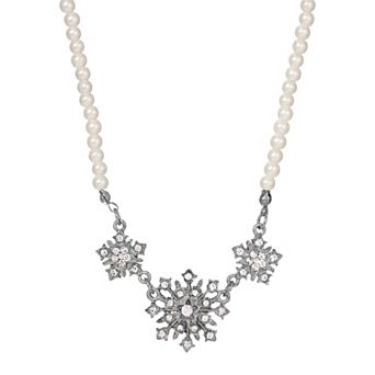 1928 Gold Tone Simulated Pearl & Crystal Starburst Necklace
