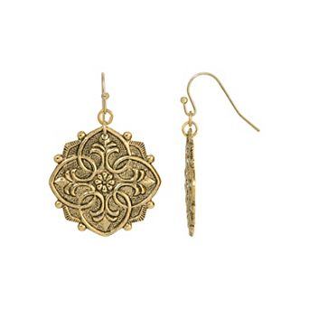 1928 Gold Tone Textured Flower Medallion Drop Earrings