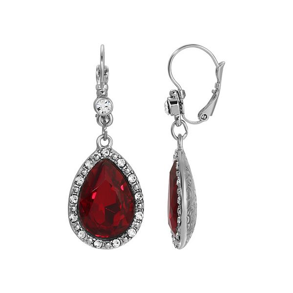 1928 Silver Tone Red Crystal Teardrop Drop Earrings