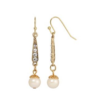1928 Gold Tone Simulated Pearl & Crystal Linear Drop Earrings