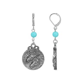 1928 Silver Tone Simulated Turquoise Bead Horse Medallion Drop Earrings
