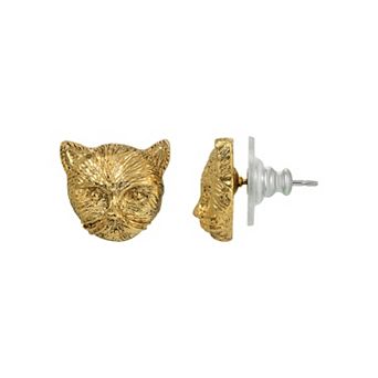 1928 Gold Tone Cat Stud Earrings