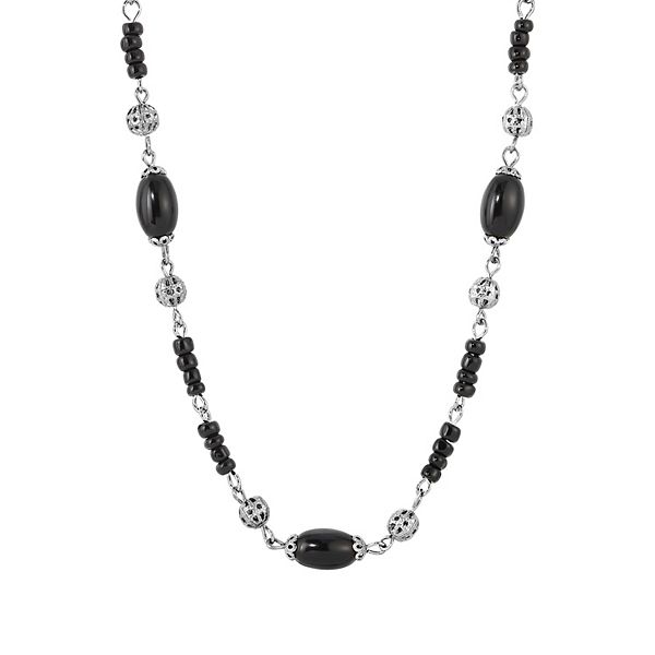 1928 Silver Tone Black & Filigree Beaded Necklace