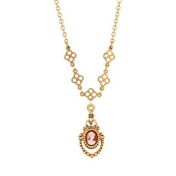 1928 Gold Tone Simulated Carnelian Cameo Necklace