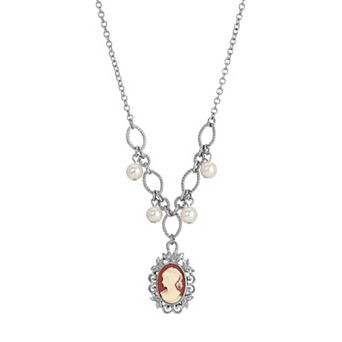 1928 Silver Tone Simulated Pearl Cameo Necklace