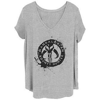 Juniors' Plus Size The Mandalorian Paint Splatter Emblem V-Neck Tee