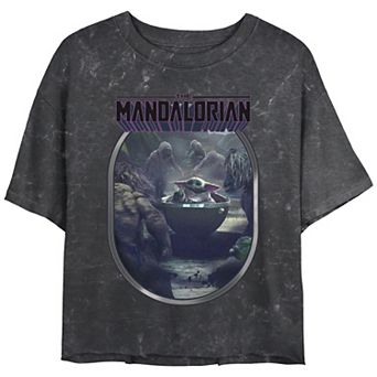 Juniors' The Mandalorian Grogu In Flying Pod Mineral Wash Graphic Tee