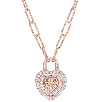 Stella Grace 18K Rose Gold over Sterling Silver Morganite & White Topaz Heart Halo Pendant Necklace