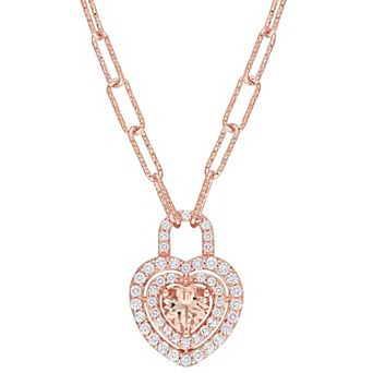 Stella Grace 18K Rose Gold over Sterling Silver Morganite & White Topaz Heart Halo Pendant Necklace