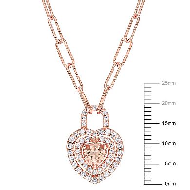 Stella Grace 18K Rose Gold over Sterling Silver Morganite & White Topaz Heart Halo Pendant Necklace