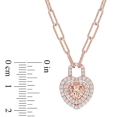 Stella Grace 18K Rose Gold over Sterling Silver Morganite & White Topaz Heart Halo Pendant Necklace