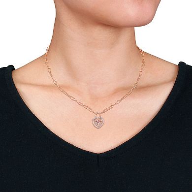 Stella Grace 18K Rose Gold over Sterling Silver Morganite & White Topaz Heart Halo Pendant Necklace