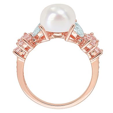 Stella Grace 18K Rose Plated Sterling Silver Multi-Gemstones & Freshwater Cultured Pearl Cocktail Ring