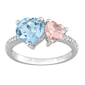 Stella Grace Sterling Silver Sky Blue Topaz, Morganite & 1/10 Carat T.W. Diamond Toi & Moi Ring