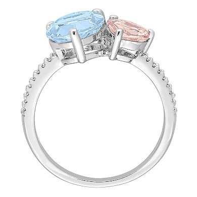 Stella Grace Sterling Silver Sky Blue Topaz, Morganite & 1/10 Carat T.W. Diamond Toi & Moi Ring