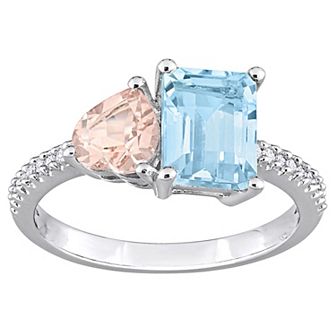 Stella Grace Sterling Silver Sky Blue Topaz, Morganite & 1/10 Carat T.W Diamond Toi & Moi Ring