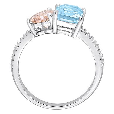 Stella Grace Sterling Silver Sky Blue Topaz, Morganite & 1/10 Carat T.W Diamond Toi & Moi Ring