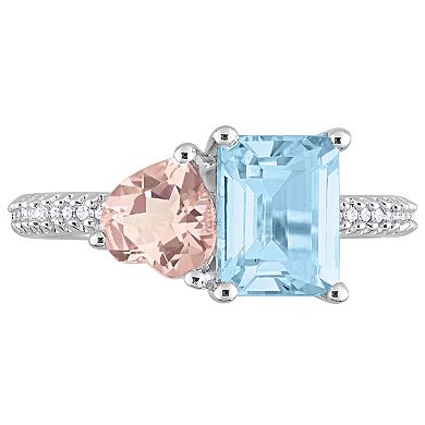Stella Grace Sterling Silver Sky Blue Topaz, Morganite & 1/10 Carat T.W Diamond Toi & Moi Ring