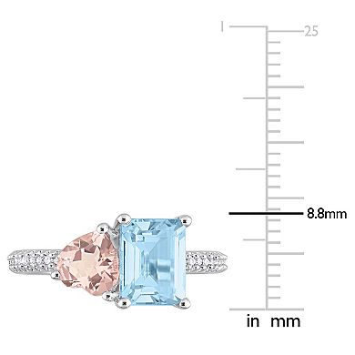 Stella Grace Sterling Silver Sky Blue Topaz, Morganite & 1/10 Carat T.W Diamond Toi & Moi Ring