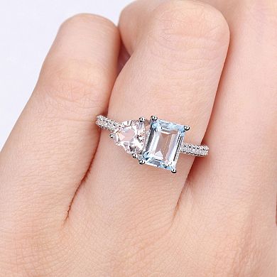 Stella Grace Sterling Silver Sky Blue Topaz, Morganite & 1/10 Carat T.W Diamond Toi & Moi Ring