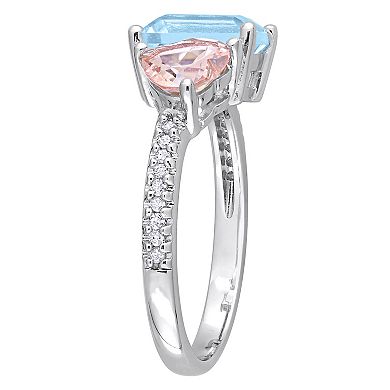 Stella Grace Sterling Silver Sky Blue Topaz, Morganite & 1/10 Carat T.W Diamond Toi & Moi Ring