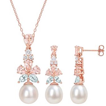 Stella Grace 18K Rose Plated Sterling Silver Multi-Gemstones & Freshwater Cultured Pearl Pendant Necklace & Earring Set