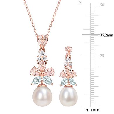 Stella Grace 18K Rose Plated Sterling Silver Multi-Gemstones & Freshwater Cultured Pearl Pendant Necklace & Earring Set