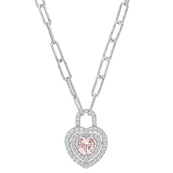 Stella Grace Sterling Silver Morganite & Created White Sapphire Double Halo Heart Lock Pendant Necklace