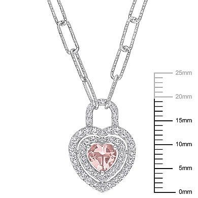 Stella Grace Sterling Silver Morganite & Created White Sapphire Double Halo Heart Lock Pendant Necklace