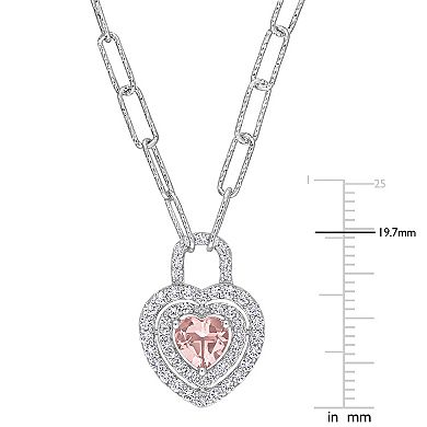 Stella Grace Sterling Silver Morganite & Created White Sapphire Double Halo Heart Lock Pendant Necklace
