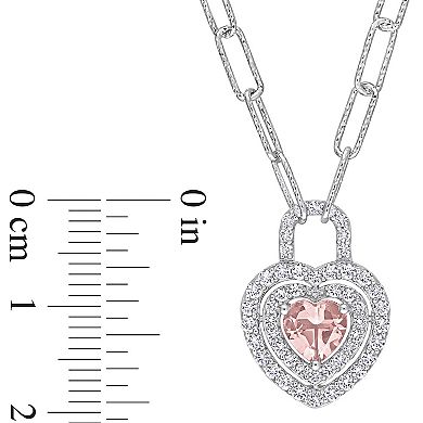 Stella Grace Sterling Silver Morganite & Created White Sapphire Double Halo Heart Lock Pendant Necklace