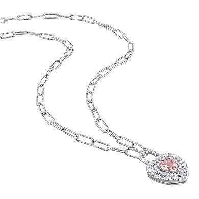 Stella Grace Sterling Silver Morganite & Created White Sapphire Double Halo Heart Lock Pendant Necklace