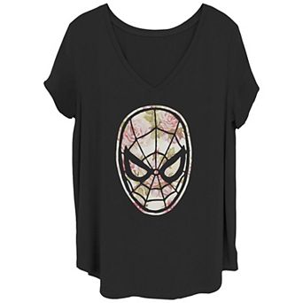 Juniors' Plus Size Spiderman Floral Filled Mask Graphic Tee