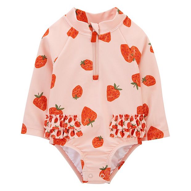 Baby Girl Carter's Allover Strawberry Print Ruffly One-Piece Rashguard  Swimsuit