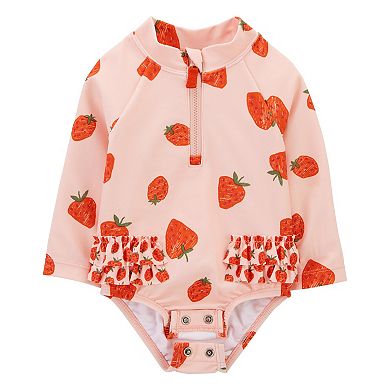 Baby Girl Carter's Allover Strawberry Print Ruffly One-Piece Rashguard Swimsuit