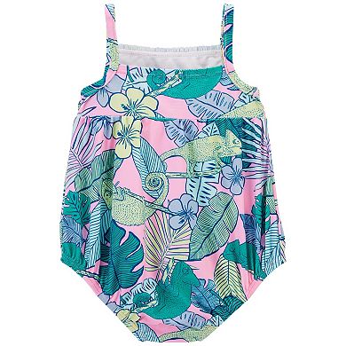 Baby Girl Carter's Tropical Iguana Print Smocked One-Piece Swimsuit