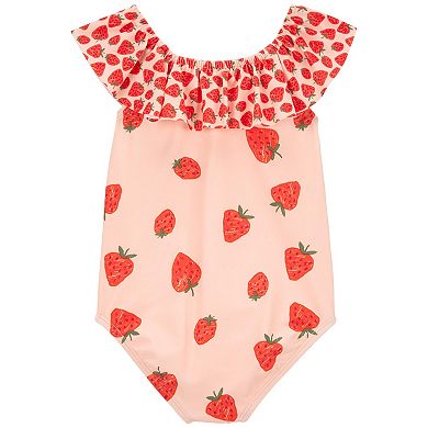 Toddler Girl Carter's Strawberry Print Ruffle Collared One-Piece Swimsuit