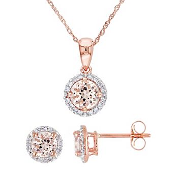 Stella Grace 10k Rose Gold Morganite & 1/6 Carat T.W. Diamond Halo Stud Earrings & Necklace Set