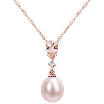 Stella Grace 10k Rose Gold Pink Freshwater Cultured Pearl, Morganite & Diamond Accent Drop Pendant Necklace